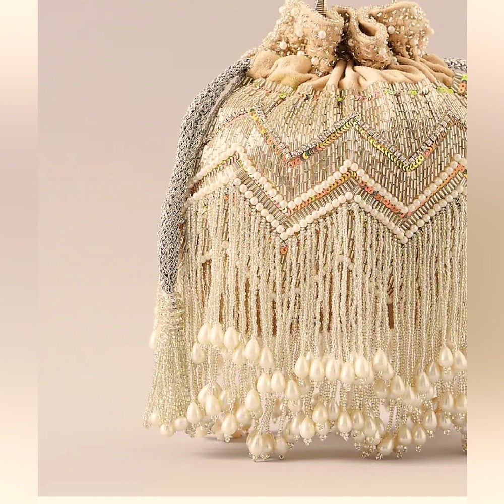 Indian Elegant velvet pearl and nalki Bead work Evening potli Bag